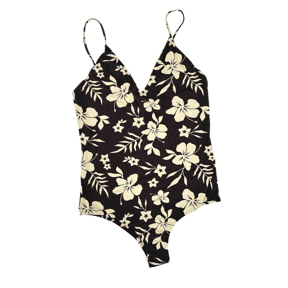 MAI Deluxe Everyday Bodysuit‎ M Floral Hibiscus Espresso Cream Swimsuit NWT